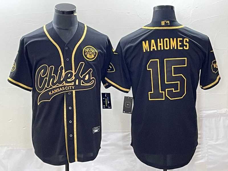 Mens Kansas City Chiefs #15 Patrick Mahomes Black Gold Super Bowl LVII Cool Base Stitched Baseball Jersey